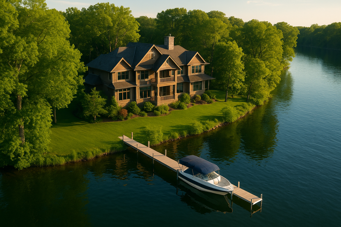 Aerial photo of a luxury home by a lake with a private dock and boat.
