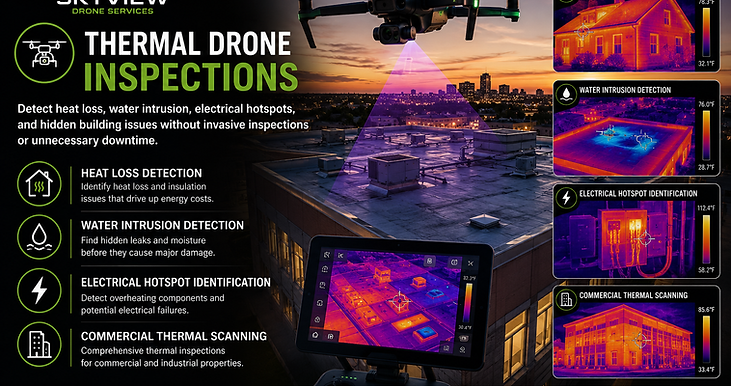 Thermal drone inspection scanning a commercial building rooftop at sunset to detect heat loss, water intrusion, electrical hotspots, and hidden structural issues using infrared imaging technology.