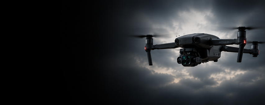DJI Matrice 4T enterprise drone flying against a dark gradient background with advanced imaging sensors, thermal camera capabilities, and professional aerial mapping technology.