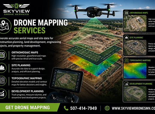 Professional drone mapping service capturing aerial site data for orthomosaic mapping, topographic surveys, construction planning, land development, and engineering projects in Minnesota.