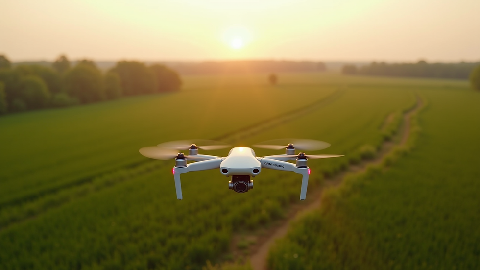 Eye-level view of drone flying over a Minnesota farm field