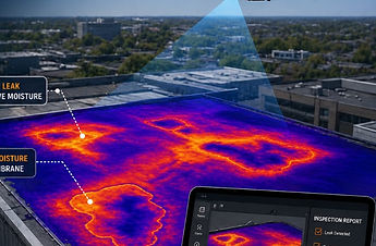 Drone thermal roof inspection detecting trapped moisture and roof leaks using infrared imaging technology on a commercial building in Minnesota.