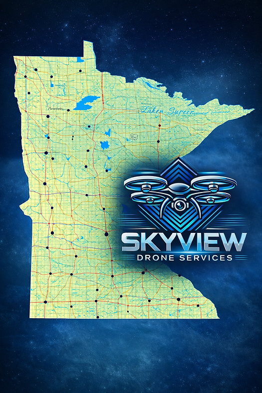 Minnesota drone services map with SkyView Drone Services MN logo representing statewide aerial imaging thermal inspections drone mapping and commercial drone services
