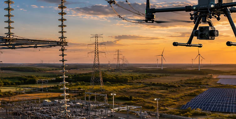 DJI Matrice 350 drone inspecting power lines, solar panels, substations, and wind turbines during sunset for energy and utility infrastructure monitoring in Minnesota