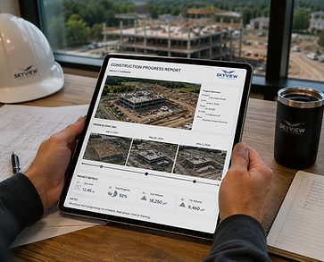 Construction progress report dashboard displayed on a tablet showing aerial drone imagery, timeline comparisons, and site analytics for a Minnesota construction project.