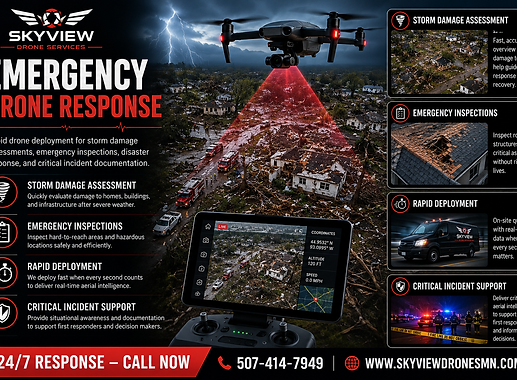 Emergency response drone flying over storm-damaged neighborhood in Minnesota, providing real-time aerial assessments, disaster response mapping, emergency inspections, and critical incident documentation.