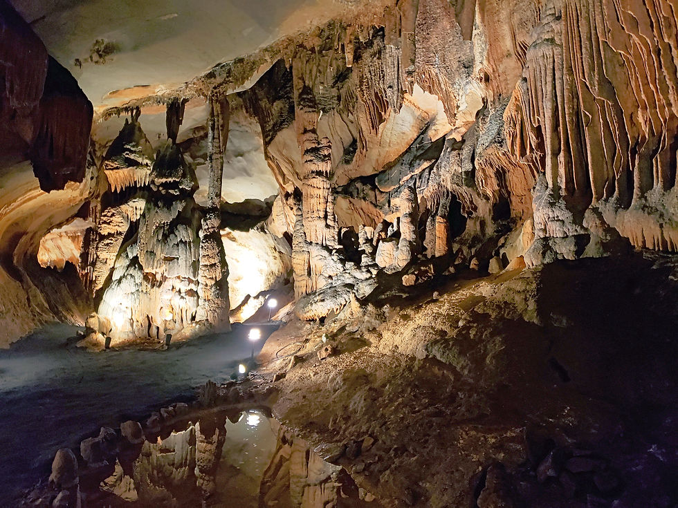 Lit cave passage with towering stalactites and flowstone, reflecting in a small pool.
