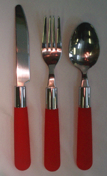 red handled rental fork knife spoon