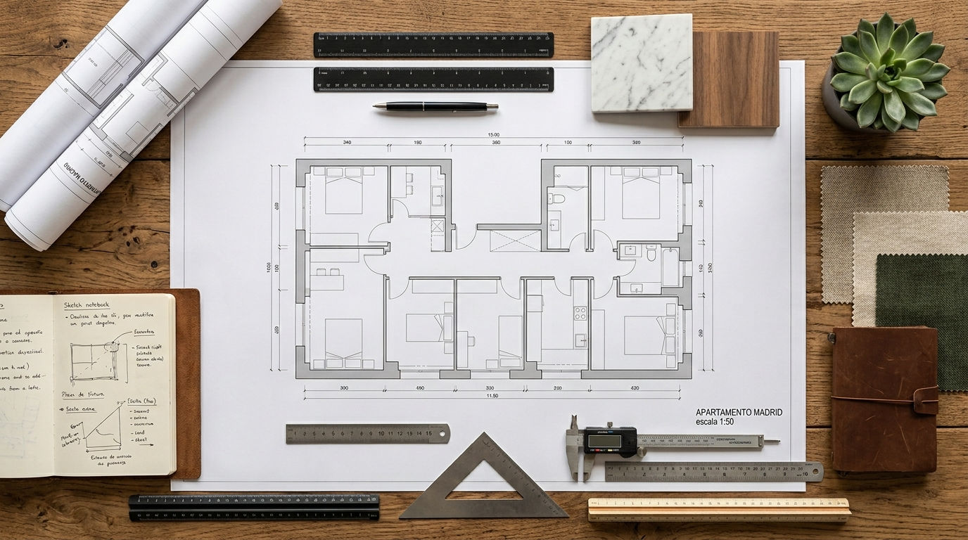Vista cenital detallada de una mesa de estudio de arquitectura