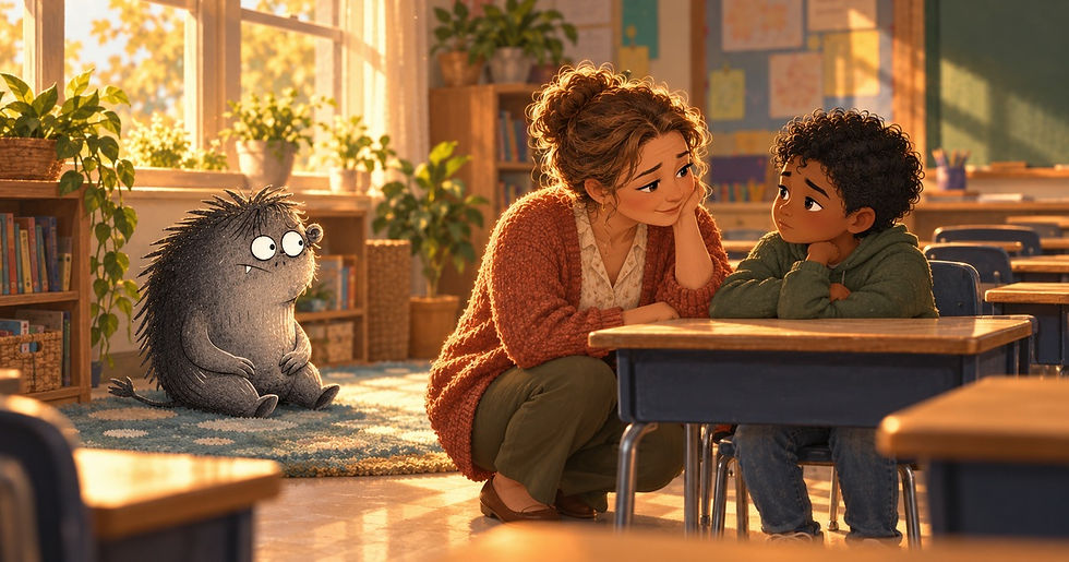 An illustrated white teacher in her 40s kneels beside a Black student around age ten after class to check in quietly while Grief sits on the classroom reading rug.
