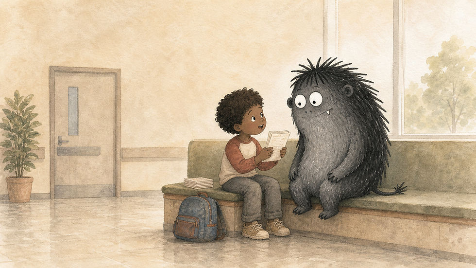 A child sits beside Grief on a bench, holding a small stack of question cards while Grief listens patiently.