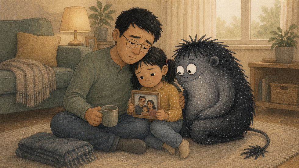 An illustrated East Asian father and five-year-old daughter sit together with a family photograph while the father sheds a gentle tear and Grief keeps them company.