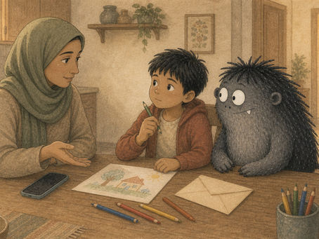 A mother offers her nine-year-old son several ways to say goodbye to someone who is dying—a phone call, a drawing, or a letter—while Grief sits beside him.