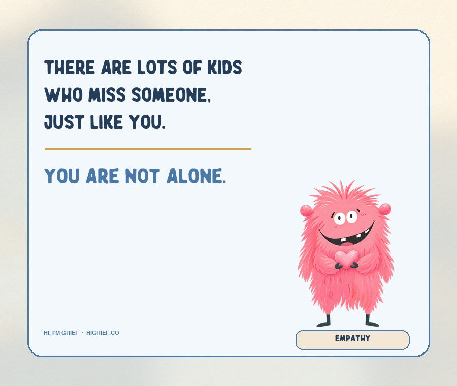 Blue watercolor quote card with the pink Empathy character labeled “Empathy,” reading, “There are lots of kids who miss someone, just like you. You are not alone.”