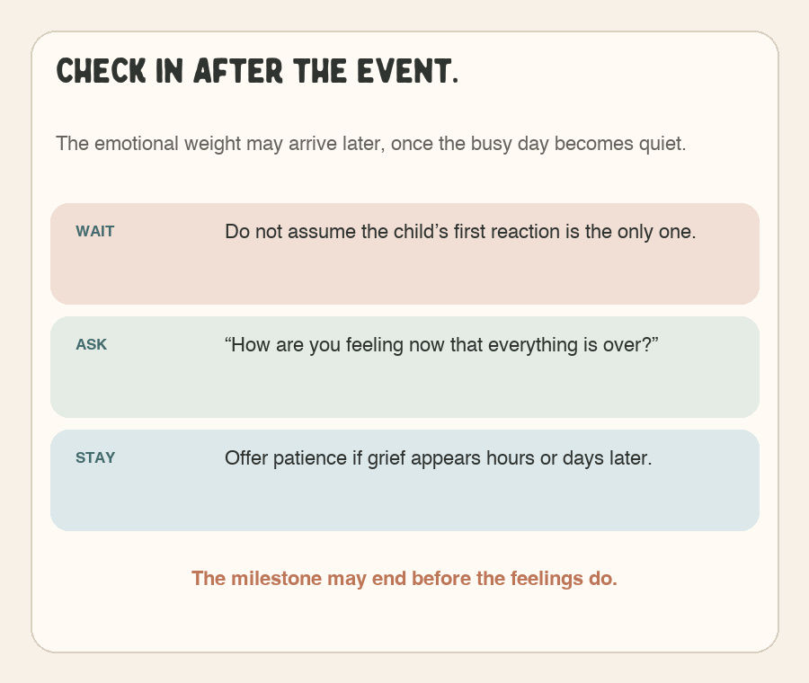 Graphic encouraging caregivers to wait, ask, and remain available after a milestone.