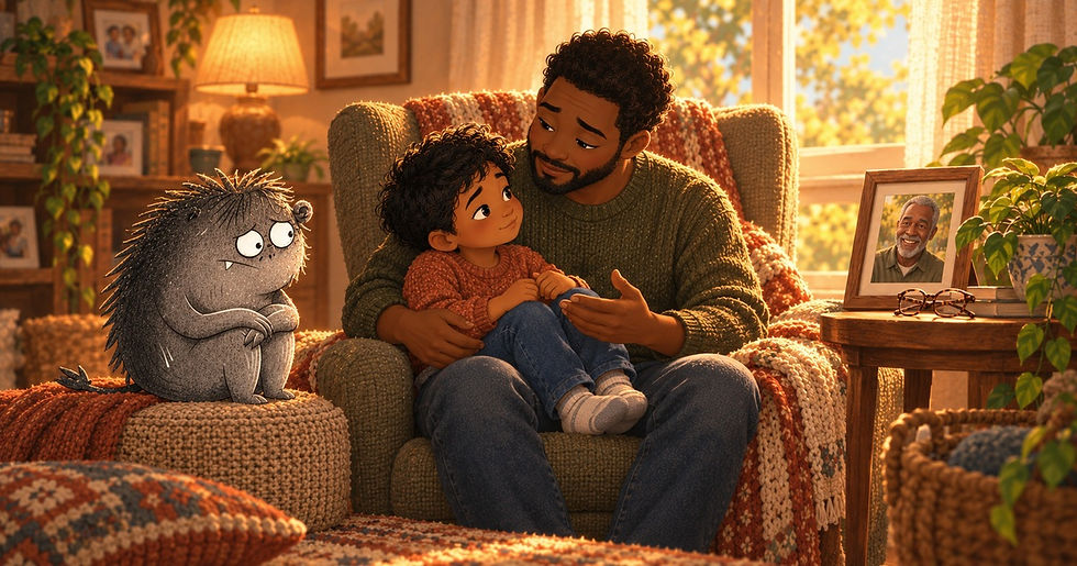 An illustrated Black father holds his approximately 4-year-old biracial son in an armchair beside a photo of the boy’s grandfather while Grief sits with knees tucked on the ottoman.