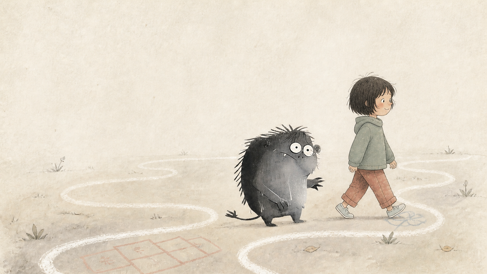 Grief walks beside a child along a winding chalk path that loops and continues forward.