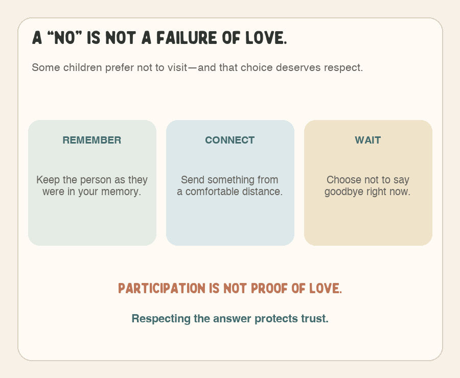 Alternatives to an in-person goodbye include remembering the person as they were, connecting from a distance, or choosing not to say goodbye right now.