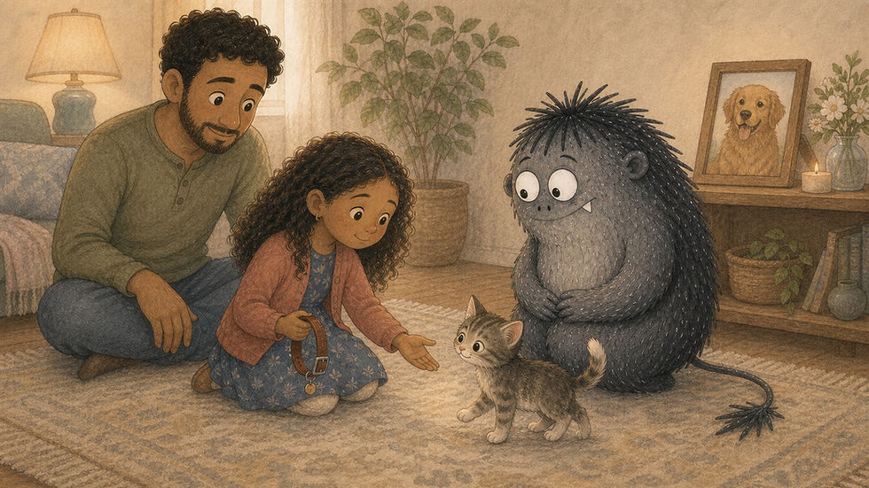 A girl cautiously meets a new kitten while holding her former dog’s collar, with her father, Grief, and the dog’s framed photo nearby.