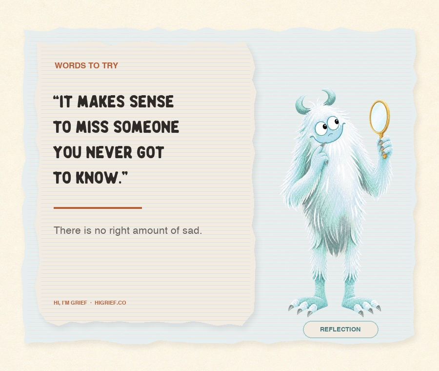 A quote card reads, “It makes sense to miss someone you never got to know,” beside the pale-blue Reflection character holding a small mirror.