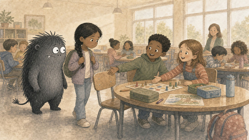Two elementary-school classmates make room at their table and invite a hesitant grieving student and Grief to join their ordinary lunchtime game.