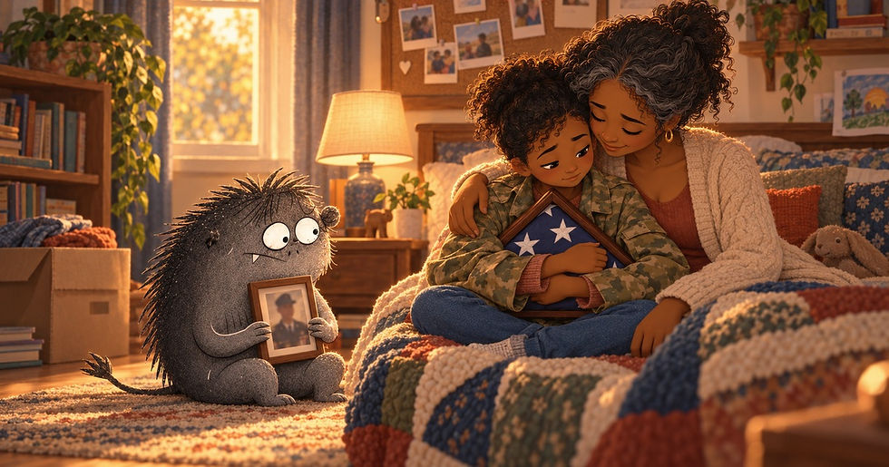 An illustrated approximately 9-year-old Black girl in an oversized military jacket holds a folded flag while her Black mother comforts her and Grief sits nearby holding a framed photograph.