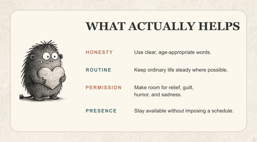What helps grieving children: honesty, routine, permission for every feeling, and steady adult presence.