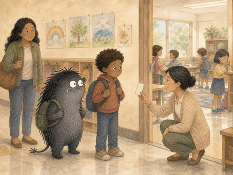 An eight-year-old boy pauses at his classroom doorway with Grief beside him while his teacher kneels to show him a private break card and his caregiver waits supportively nearby.