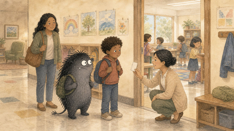 An eight-year-old boy pauses at his classroom doorway with Grief beside him while his teacher kneels to show him a private break card and his caregiver waits supportively nearby.