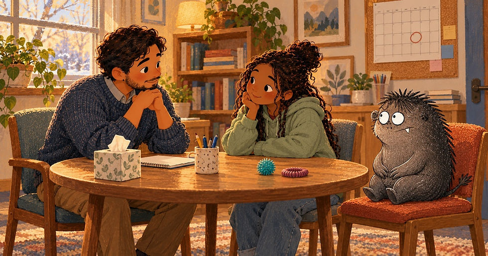 An illustrated Latino school counselor talks with a 13-year-old Black student at a round table beside a wall calendar with one date circled, while Grief sits attentively in the extra chair.