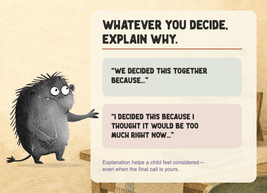 Approved GRIEF artwork stands beside two example phrases for explaining a funeral decision to a child. The graphic says an explanation helps a child feel considered even when the adult makes the final call.