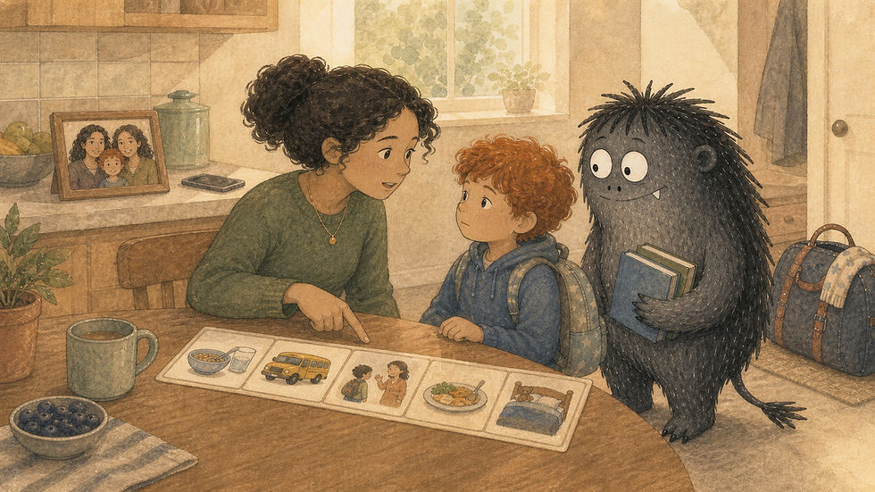 A mother reviews a picture schedule for breakfast, school, pickup, dinner, and bedtime with her six-year-old son while Grief holds his school books beside them.