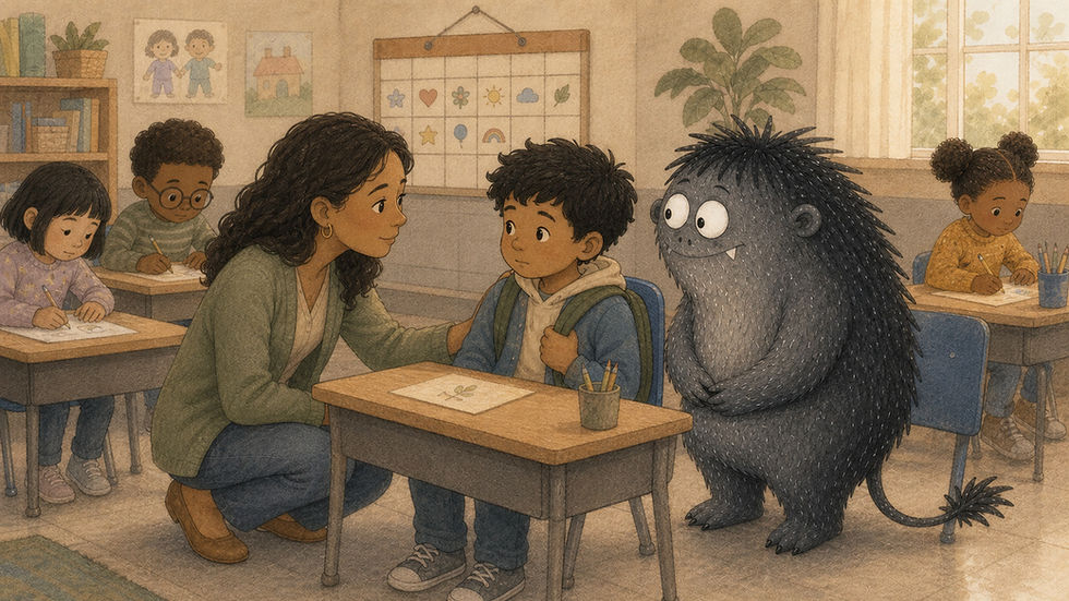 An elementary teacher quietly checks in with a thoughtful student while diverse classmates work and Grief stands nearby.