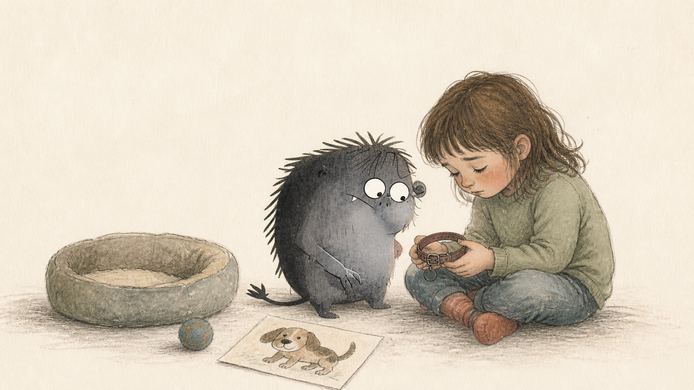 Grief sits beside a child holding a pet collar near an empty pet bed and a drawing of a dog.