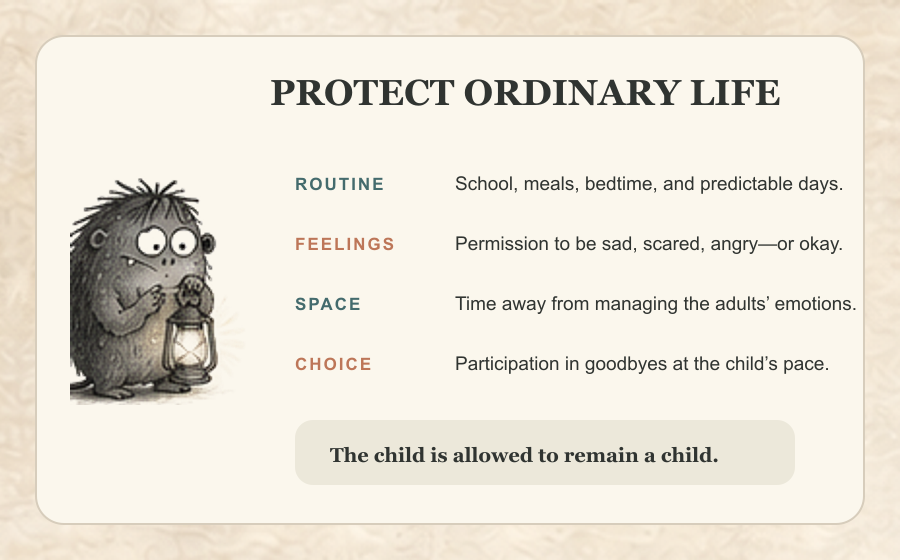 Protect ordinary life through routines, permission for feelings, space from adult worries, and choices about saying goodbye.