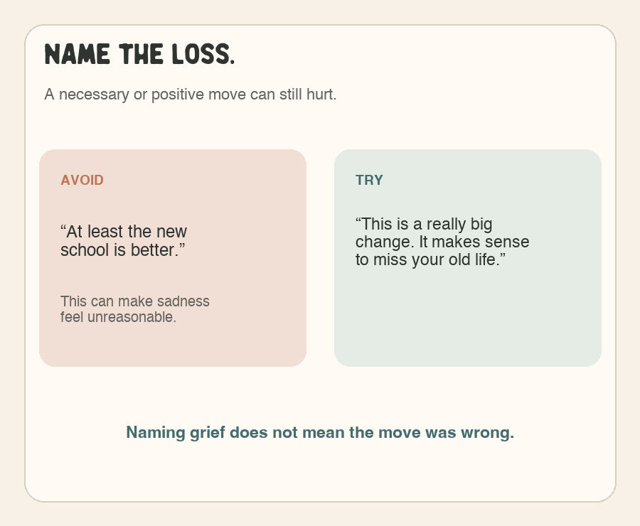 Comparison graphic encouraging adults to name a child’s loss after a move instead of minimizing it with positive comparisons.