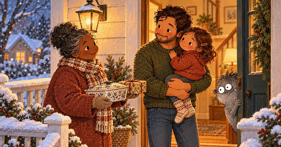 An illustrated older Black neighbor delivers a casserole and small gift to a white father holding his four-year-old daughter on a snowy porch while Grief watches from the doorway.