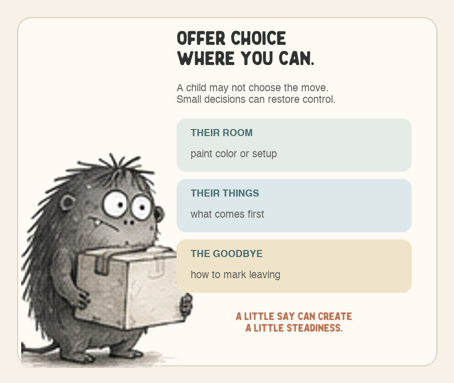 Grief carries a box beside three ways to offer a child choice during a move: their room, their belongings, and how they say goodbye.