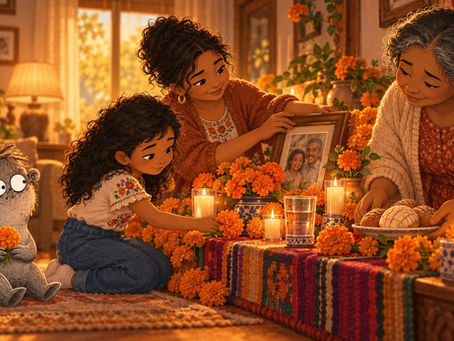 An illustrated Latina grandmother, mother, and approximately 8-year-old Latina girl arrange marigolds, candles, a family photo, water, and pan dulce on a home ofrenda while Grief holds a marigold nearby.