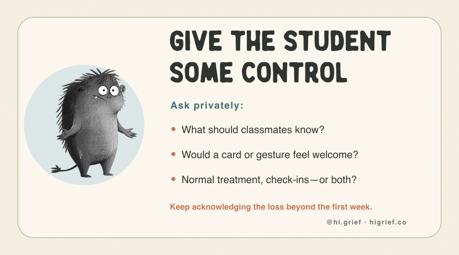 Questions teachers can ask privately about what classmates should know, whether a gesture would help, and how often to check in.