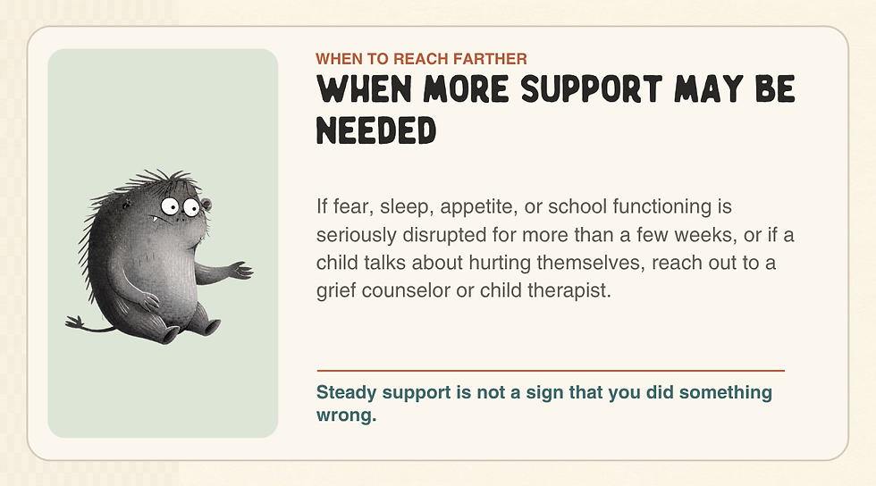 Grief holds a lantern beside guidance about when a grieving child may need additional professional support.