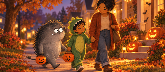 An illustrated East Asian boy around age seven in a dinosaur costume holds his mother’s hand on a Halloween sidewalk while Grief walks beside him carrying a pumpkin bucket.