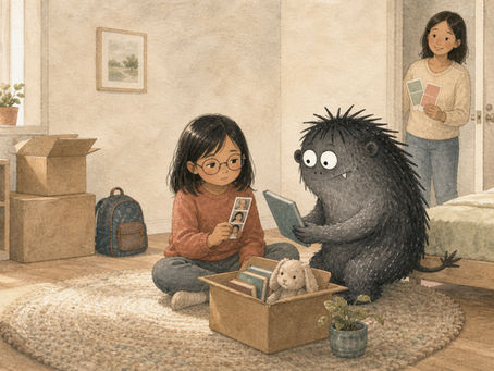 A seven-year-old girl looks at a photo strip of old friends while unpacking her new bedroom, as Grief offers her a familiar book and a caregiver waits nearby with paint-color choices.