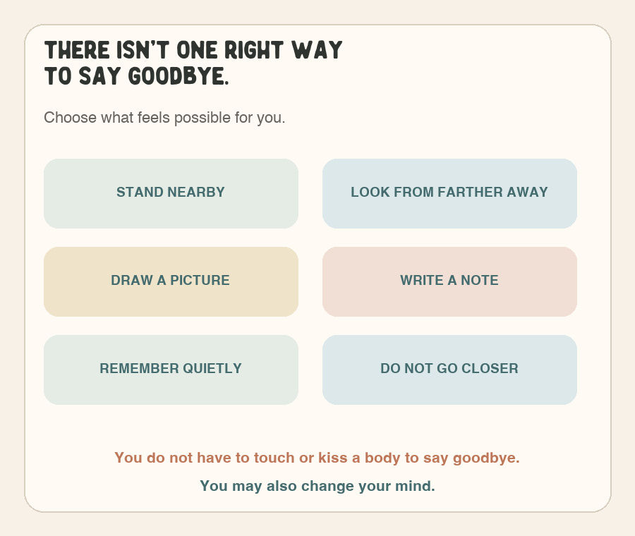 Six child-friendly choices for saying goodbye, including standing nearby, looking from farther away, drawing, writing, remembering quietly, or choosing not to go closer.