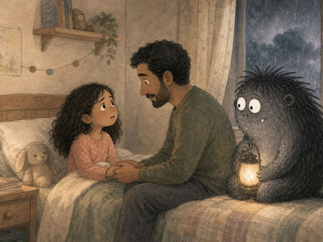 A seven-year-old girl asks her father a worried question at bedtime while he holds her hands and Grief sits nearby with a warm lantern.