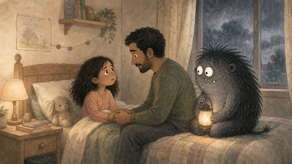 A seven-year-old girl asks her father a worried question at bedtime while he holds her hands and Grief sits nearby with a warm lantern.