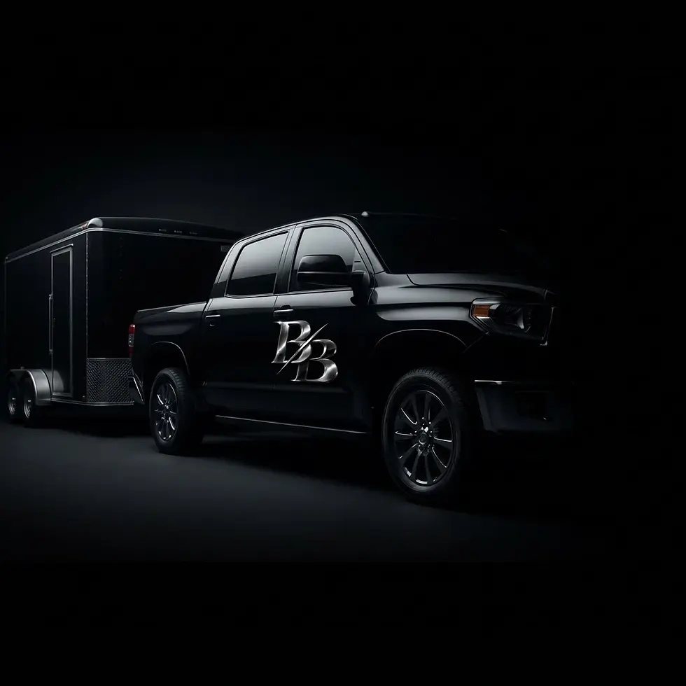 Studio photography of a black pickup truck towing a black trailer. Dramatic lighting highlights the vehicle's sleek design.