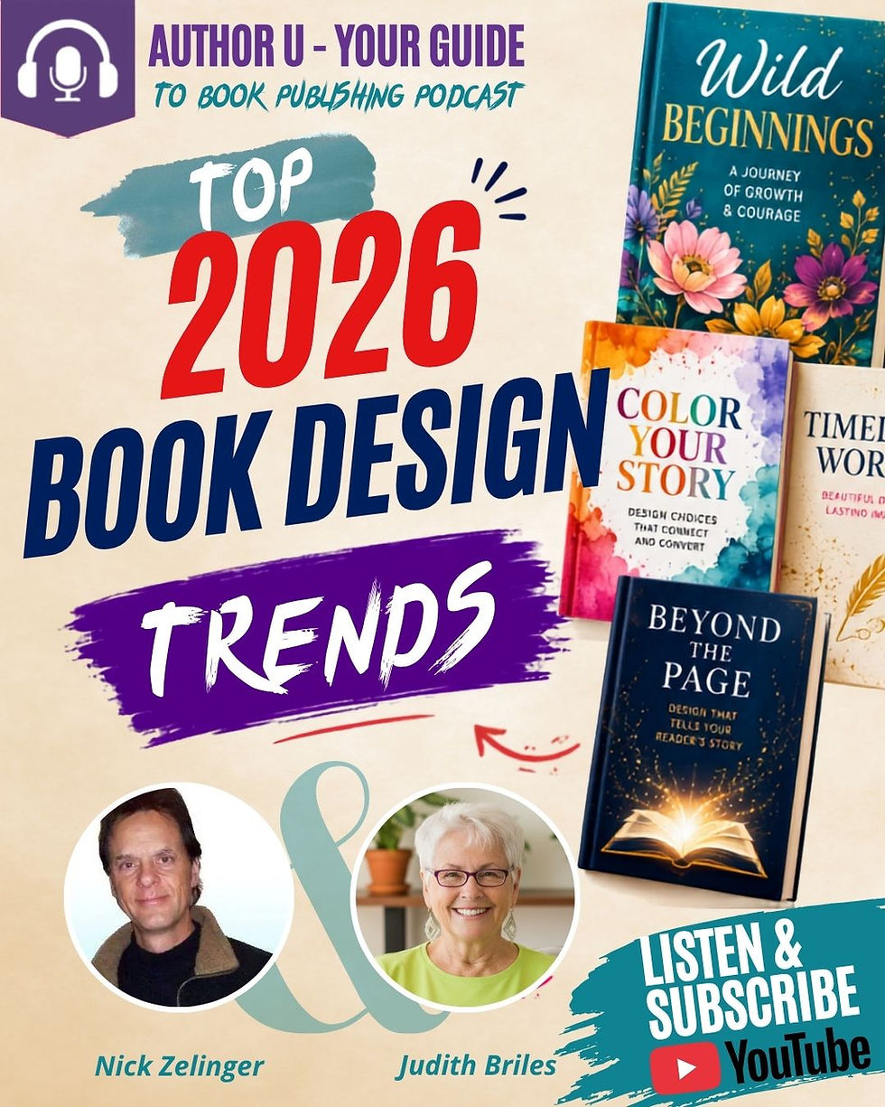 Podcast promotional poster featuring Judith Briles and Nick Zelinger discussing the top book design trends for 2026, including AI book covers, typography, and book cover design strategies for authors.
