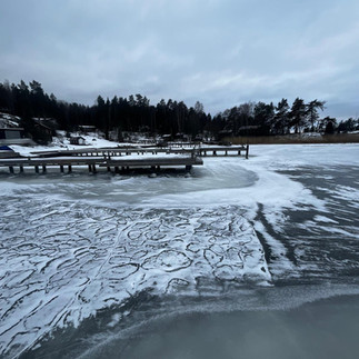 skärdsgårdsutsikt över snö och is