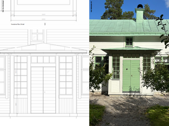 Arkitektritad skiss och slutresultatet av ritningen av en farstukvist i skrägården